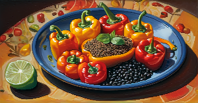 A colorful platter of stuffed mini peppers filled with quinoa and black beans, garnished with lime and fresh herbs.