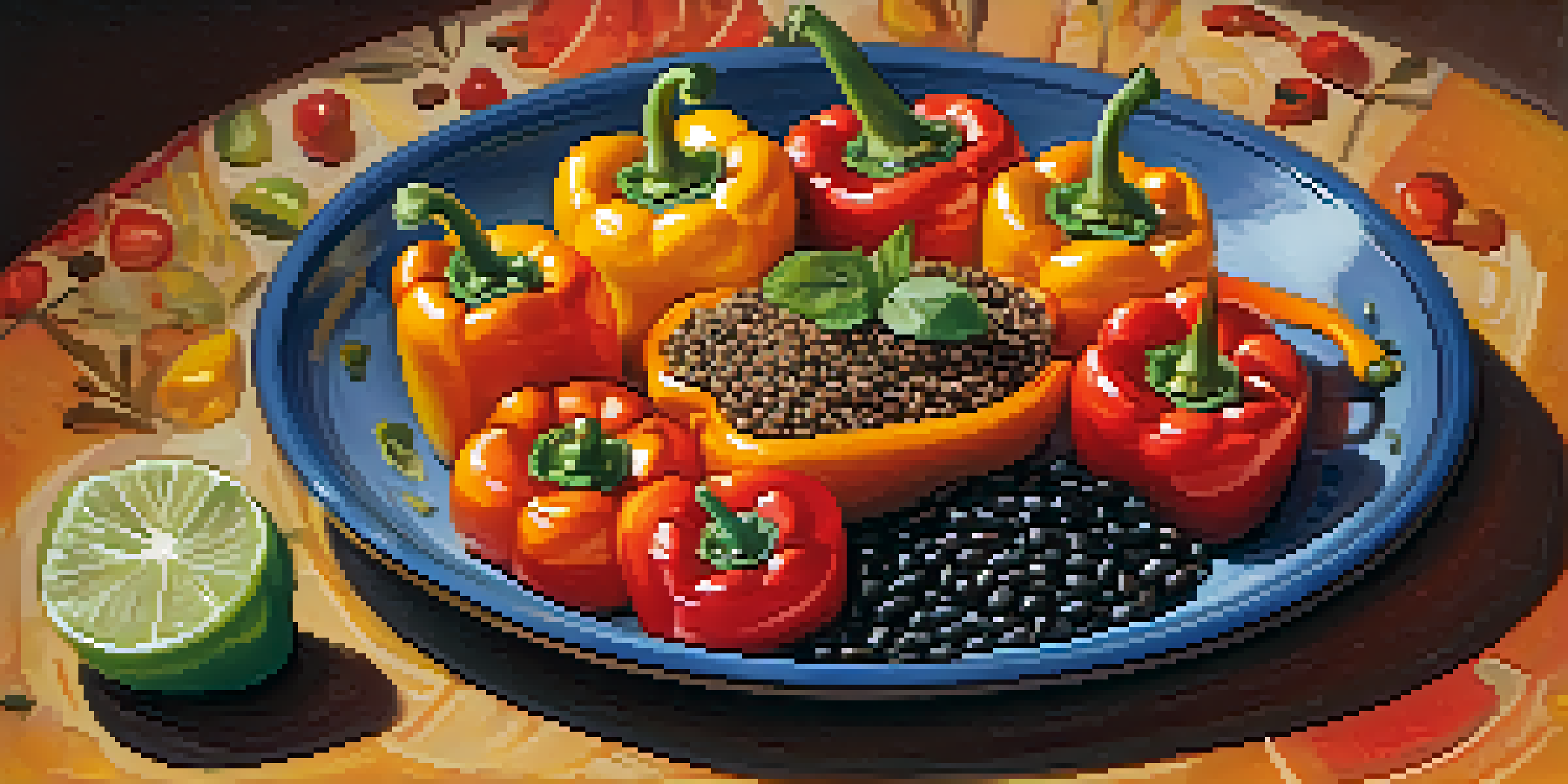 A colorful platter of stuffed mini peppers filled with quinoa and black beans, garnished with lime and fresh herbs.