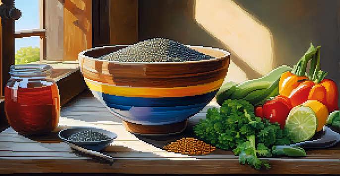 A bowl filled with lentils, chia seeds, and fresh vegetables on a wooden table, with sunlight illuminating the ingredients and a glass of water nearby.