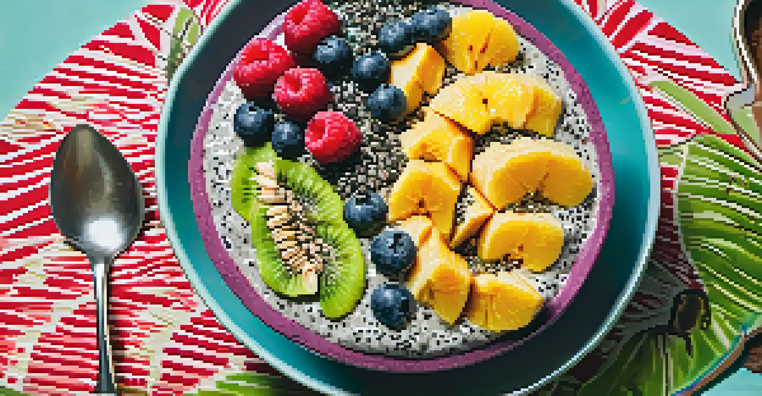 A smoothie bowl with bananas, spinach, and berries, topped with sliced fruit and chia seeds, set on a colorful tablecloth.
