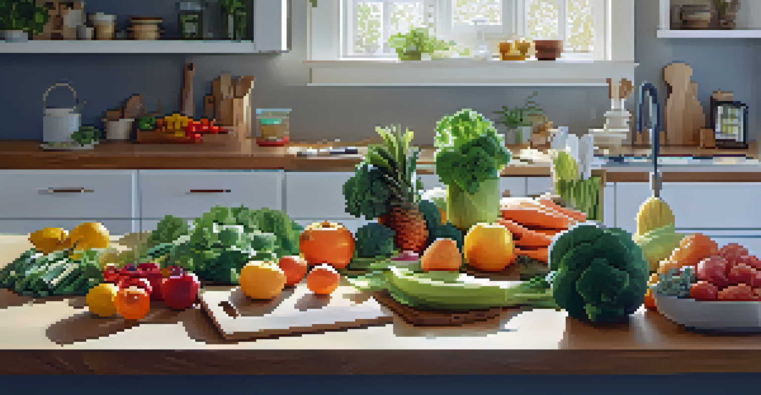 A meal prep area with seasonal produce and multifunctional kitchen tools, illuminated by natural light.