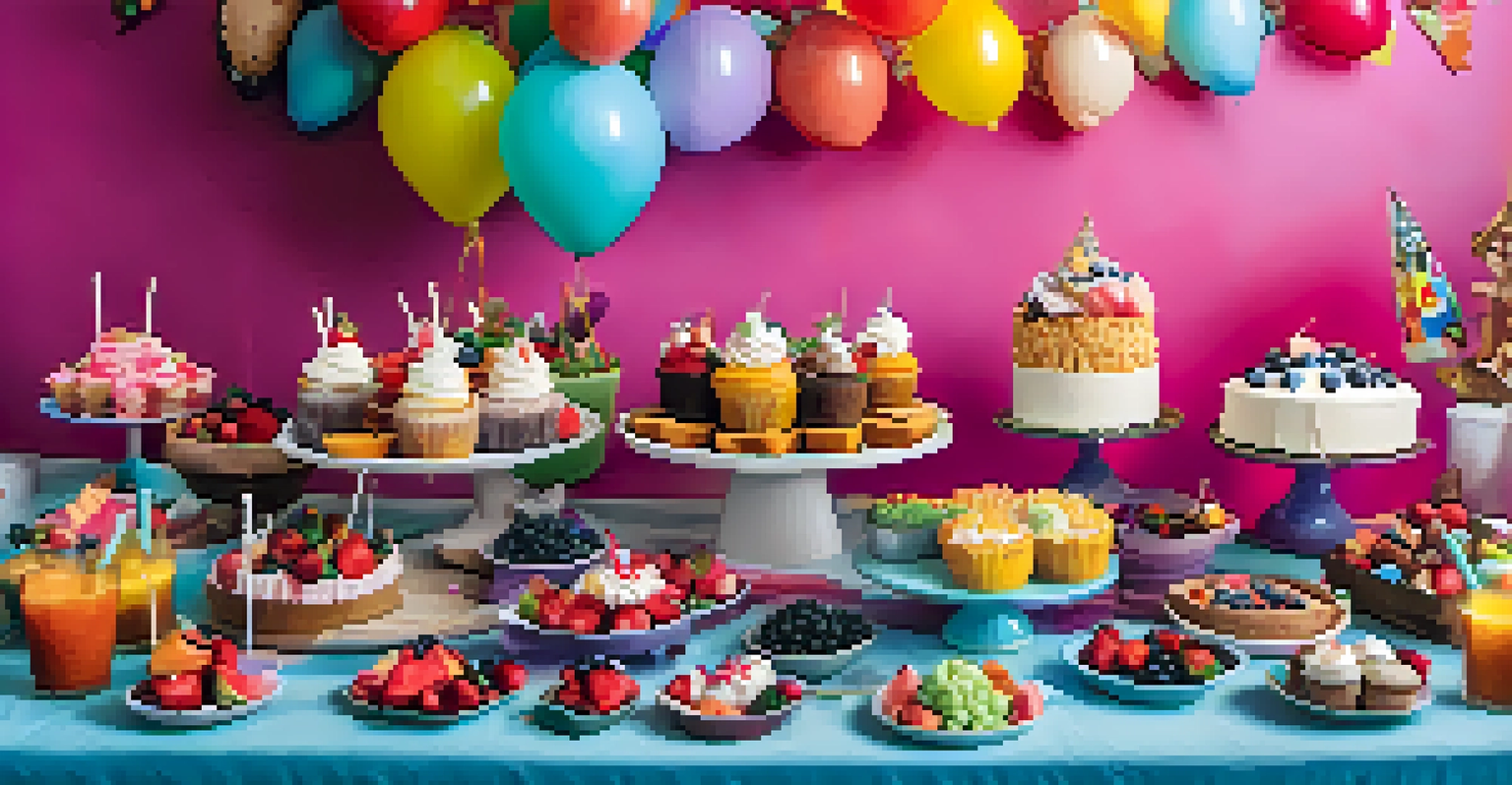 A festive display of vegan desserts, including cupcakes, fruit platter, and vegan ice cream, perfect for a birthday celebration.