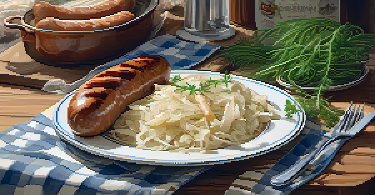 A plate with homemade sauerkraut, grilled sausages, and rustic bread on a checkered tablecloth, illuminated by soft daylight, creating a warm and inviting atmosphere.