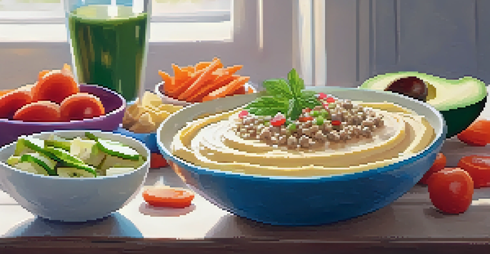 A wooden table displaying an assortment of quick vegan snacks including banana energy bites, avocado toast, and hummus with vegetables.