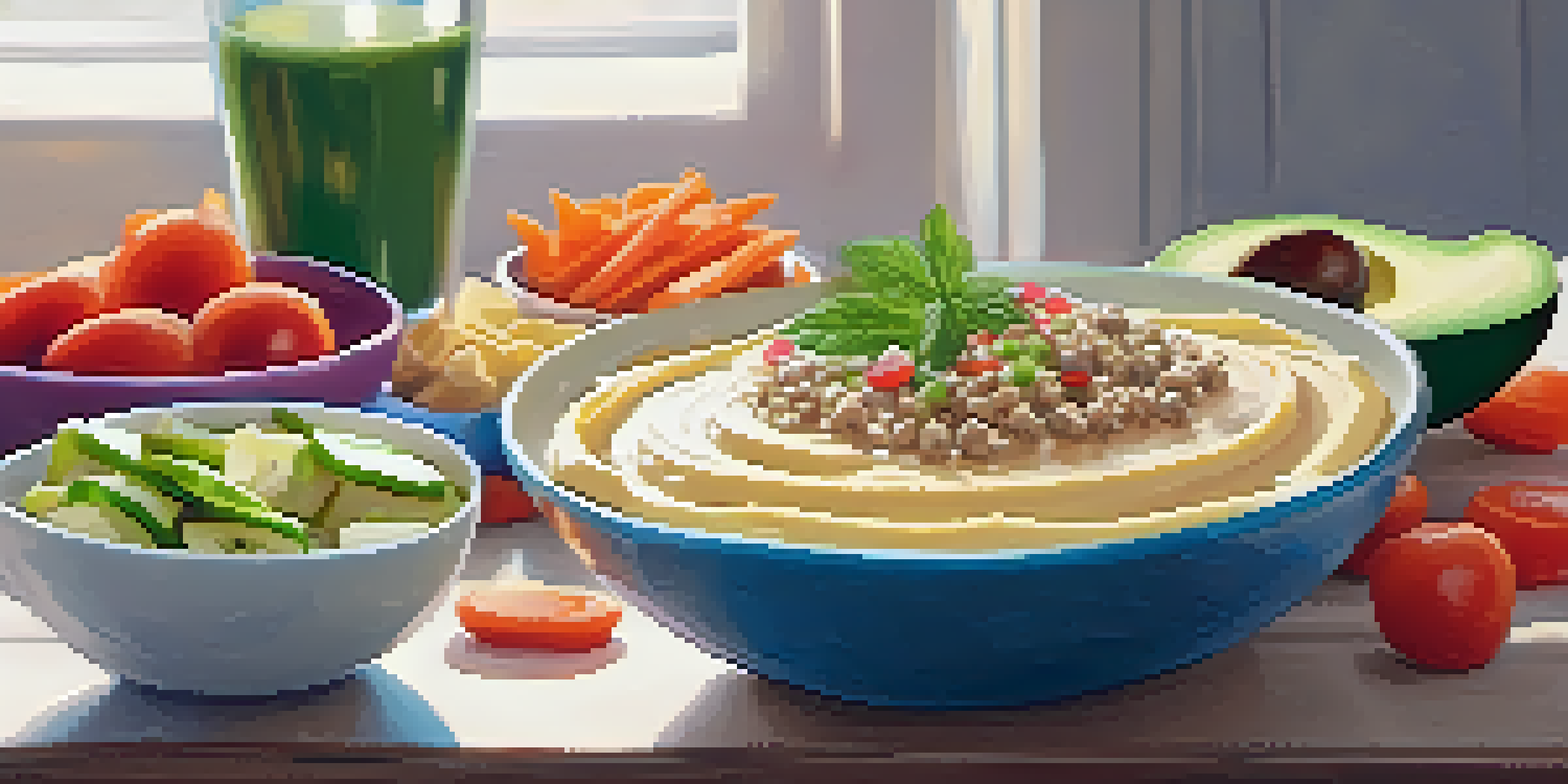 A wooden table displaying an assortment of quick vegan snacks including banana energy bites, avocado toast, and hummus with vegetables.