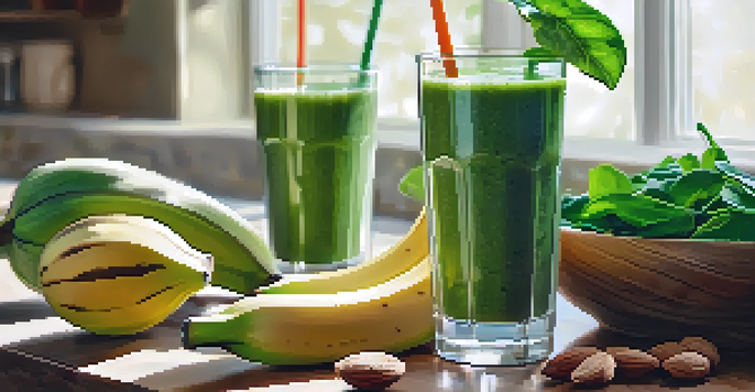 A green smoothie in a clear glass on a wooden countertop, surrounded by bananas and spinach, with soft morning light.