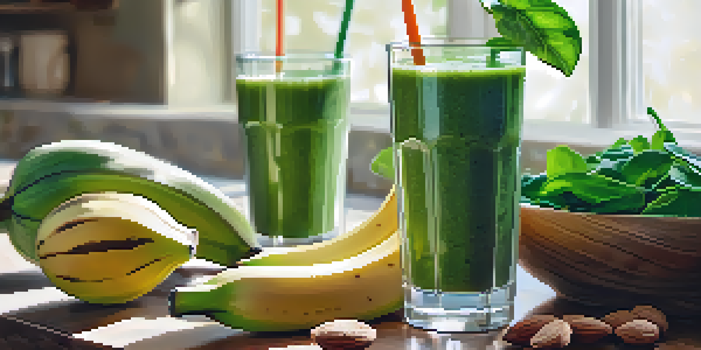 A green smoothie in a clear glass on a wooden countertop, surrounded by bananas and spinach, with soft morning light.
