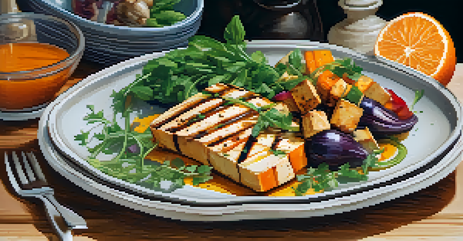 A vibrant vegan dish with grilled vegetables and tofu, topped with orange sauce and garnished with herbs.