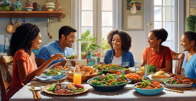 A family enjoying a nutritious vegan meal at a cozy dining table, filled with colorful dishes.