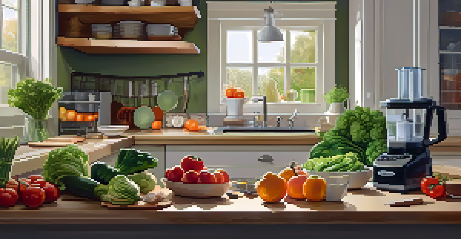 A cozy kitchen scene with a person chopping vegetables surrounded by fresh produce and kitchen tools, highlighting the textures of the ingredients.