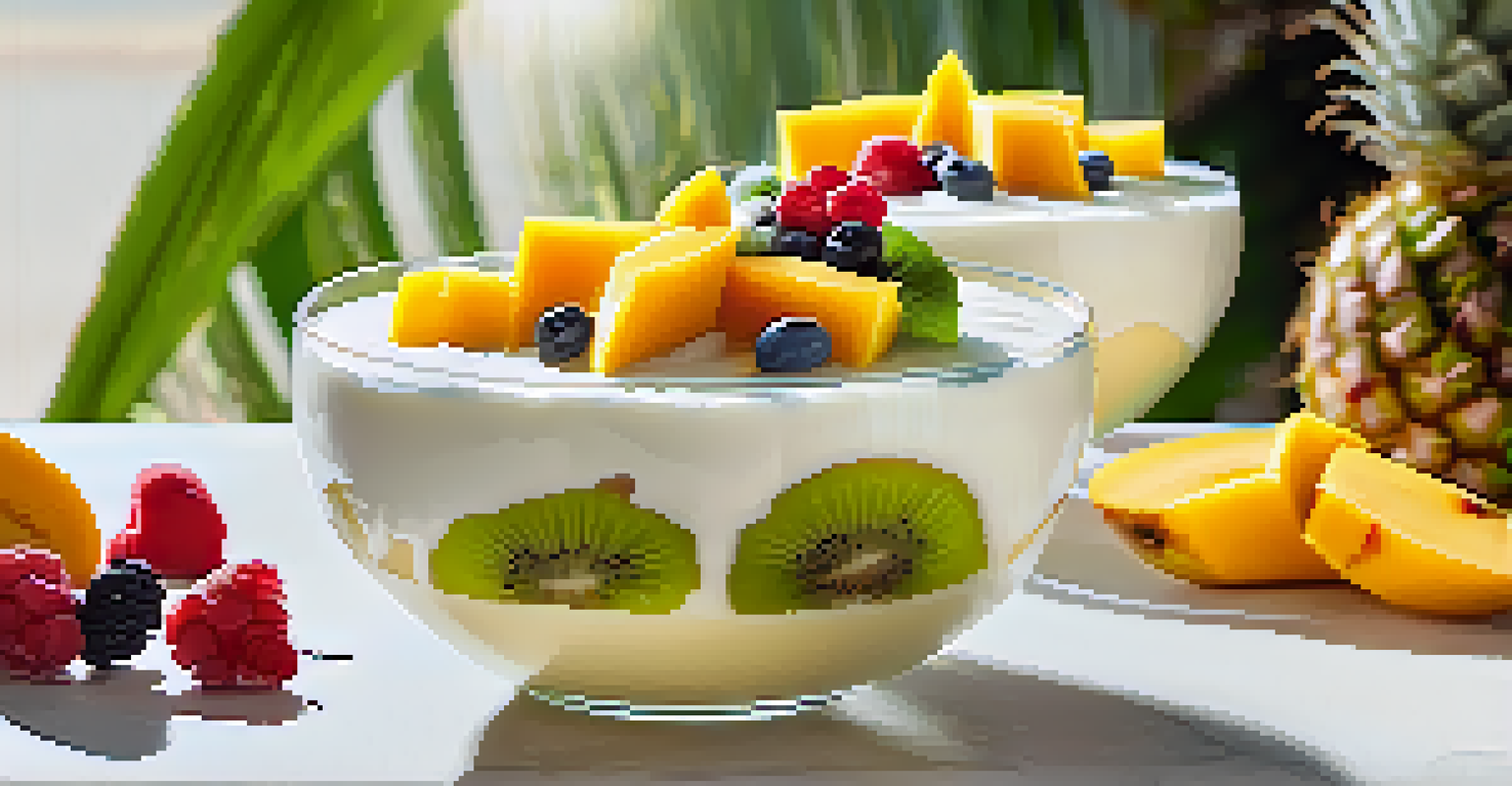 A bowl of creamy vegan coconut pudding topped with colorful tropical fruits like mango and kiwi, with palm leaves in the background.