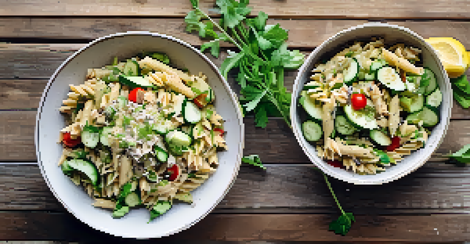 An overhead view of a vegan pasta salad with penne, cucumbers, and zucchini, on a wooden table with lemon water.