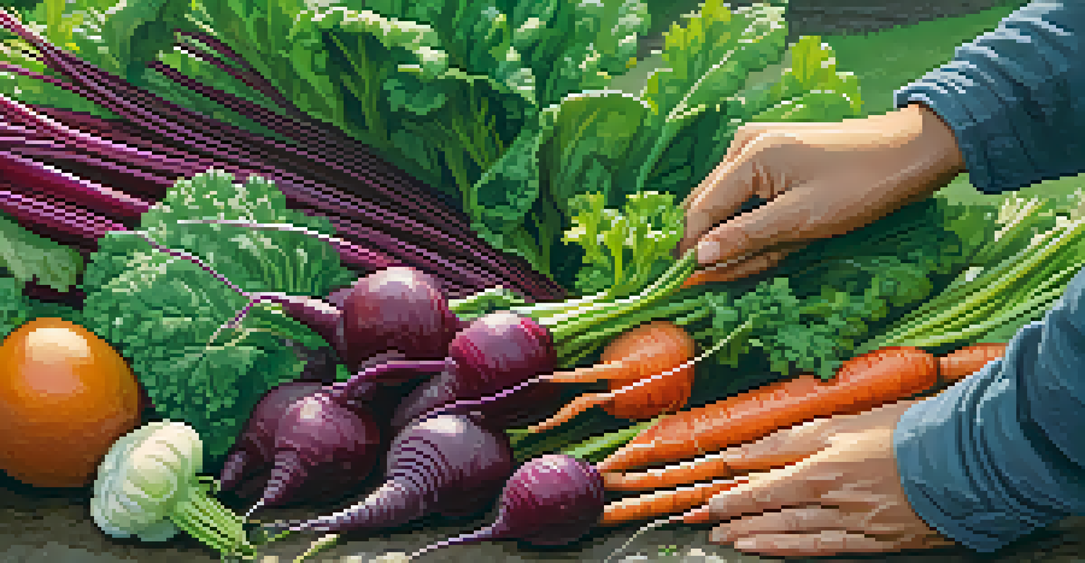 A close-up of a garden bed with various seasonal vegetables, highlighting the lush greenery and vibrant colors in morning light.