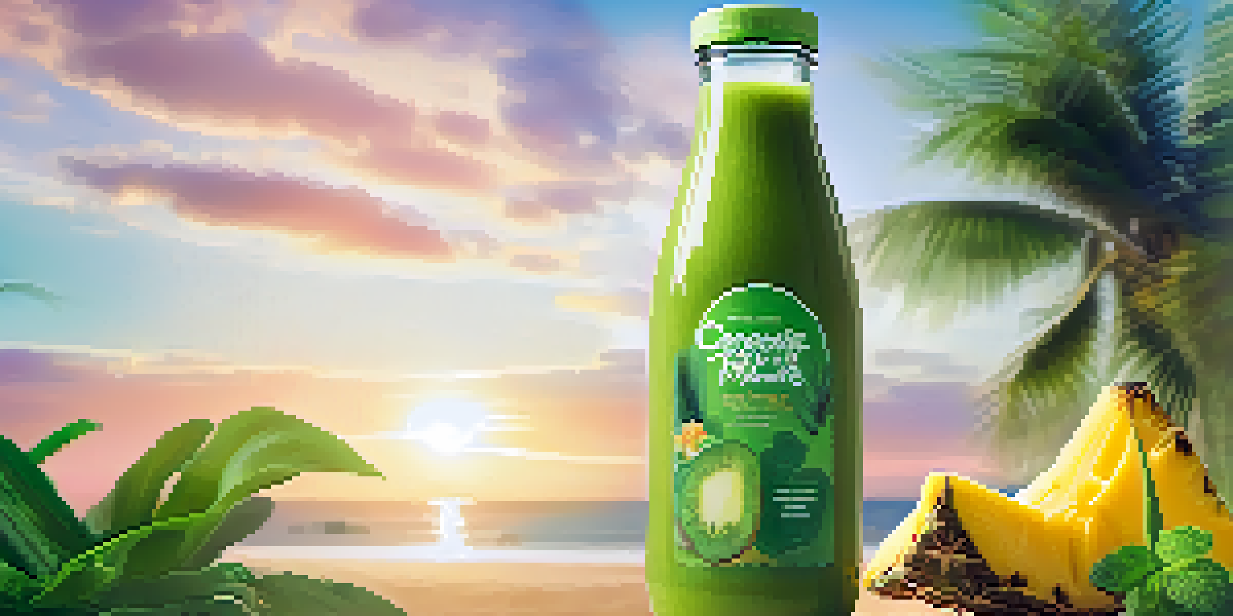 A reusable glass bottle filled with a green smoothie, garnished with pineapple and mint, set in a sunny environment with palm trees.