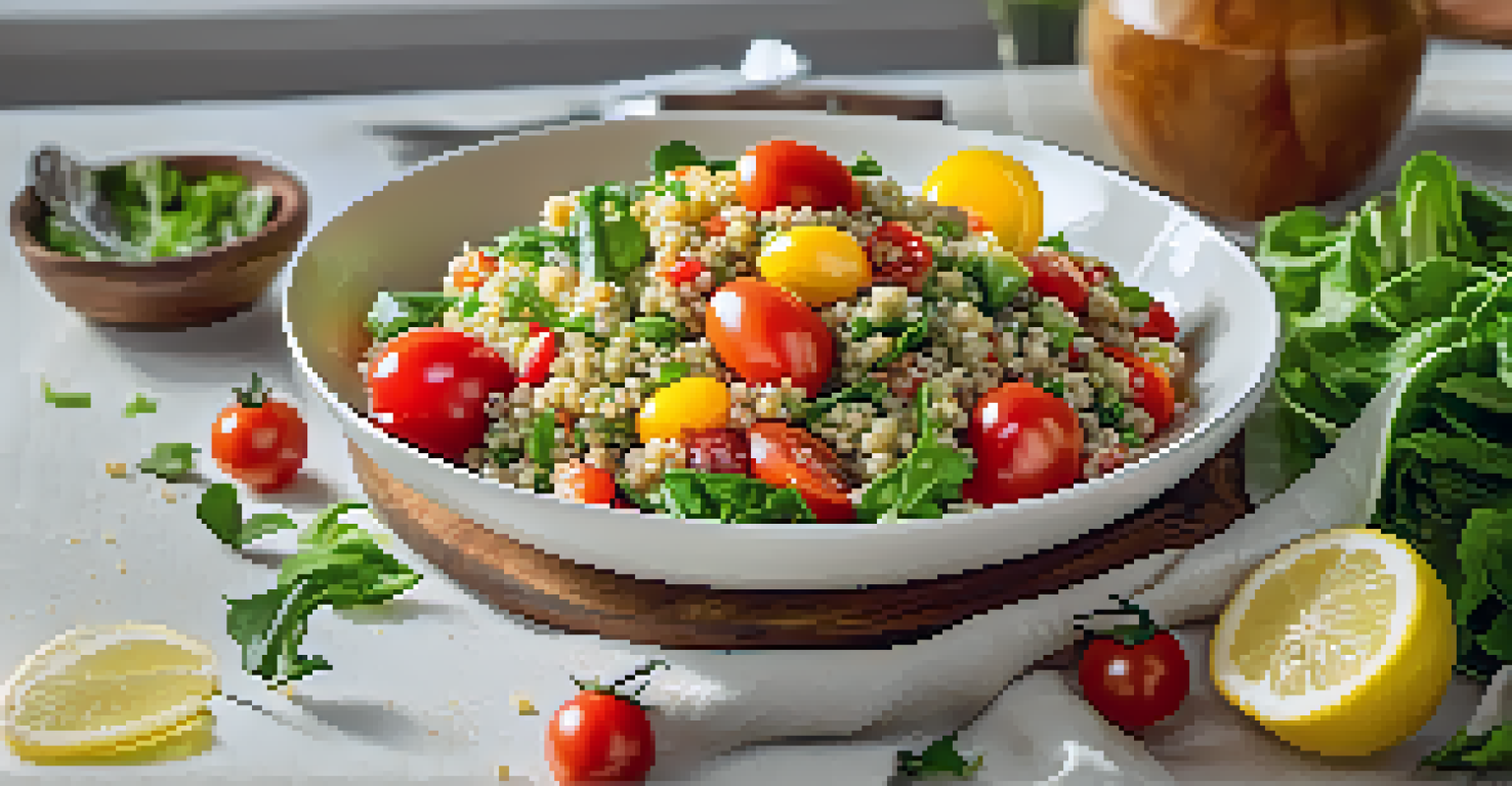 A colorful quinoa salad with assorted vegetables in a white bowl, set in a bright kitchen.