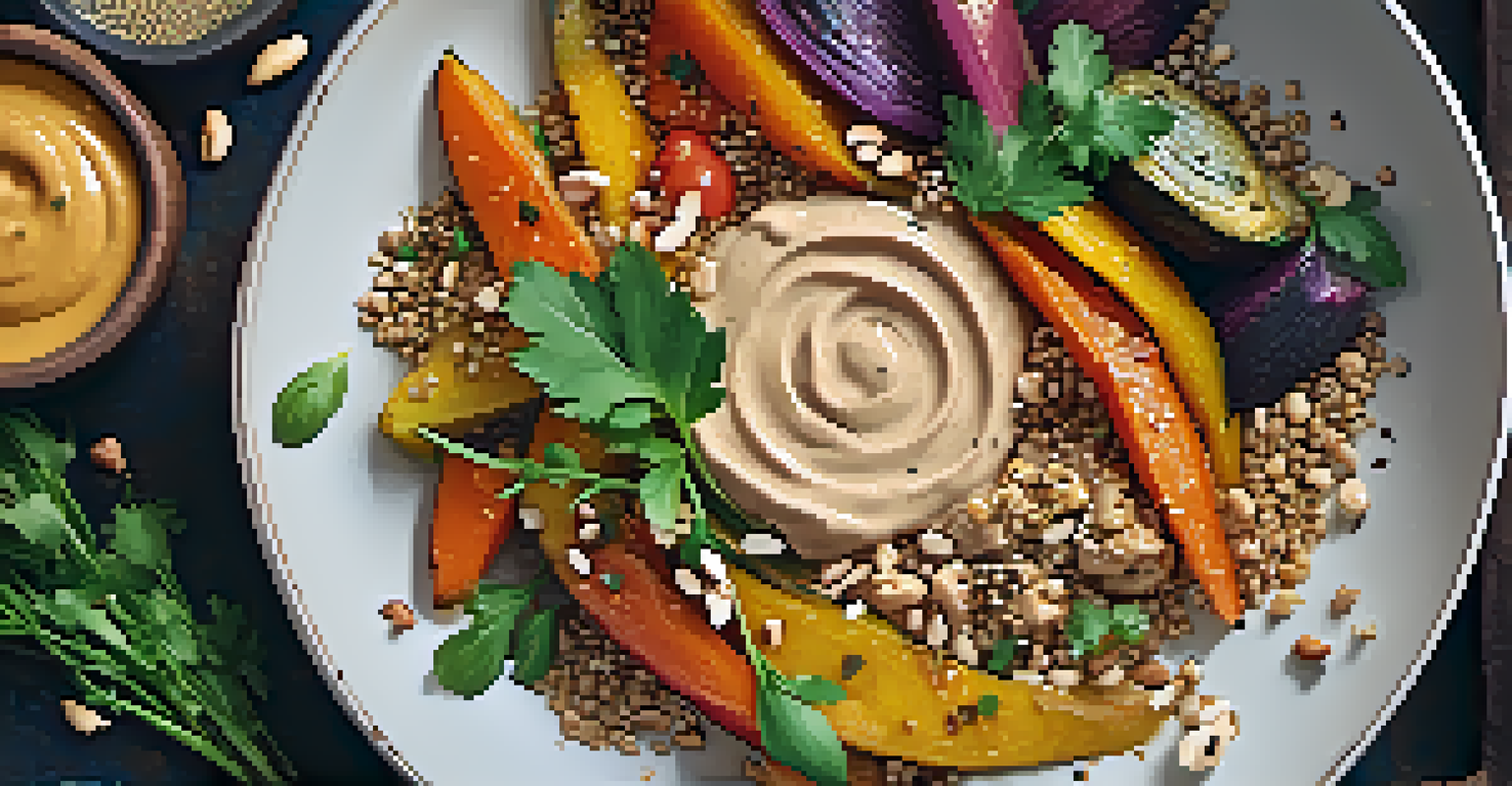 A close-up of a bowl with nut butter sauce over roasted vegetables and grains, garnished with sesame seeds and herbs.