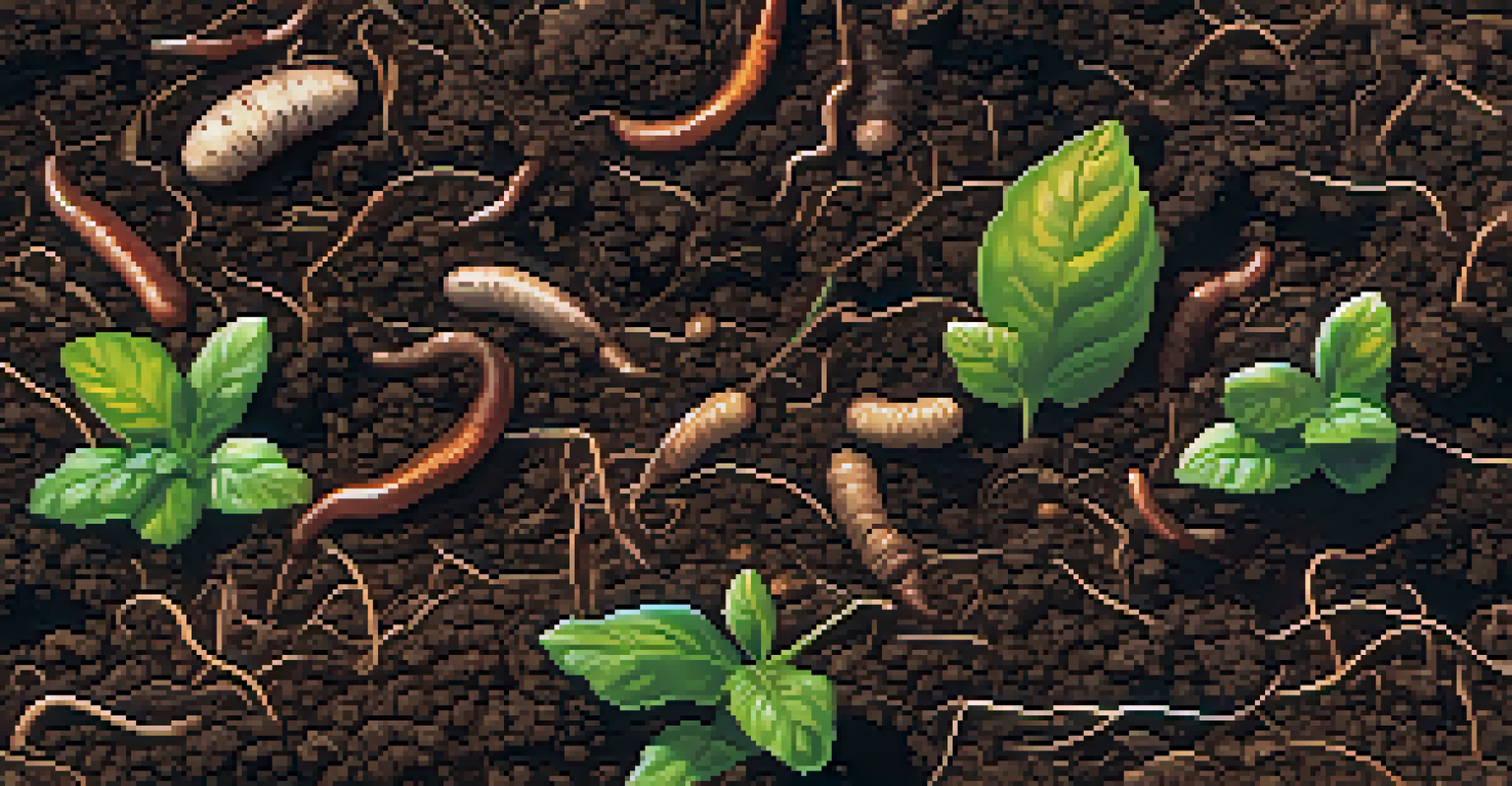 A close-up view of healthy soil filled with organic matter and earthworms under soft sunlight.