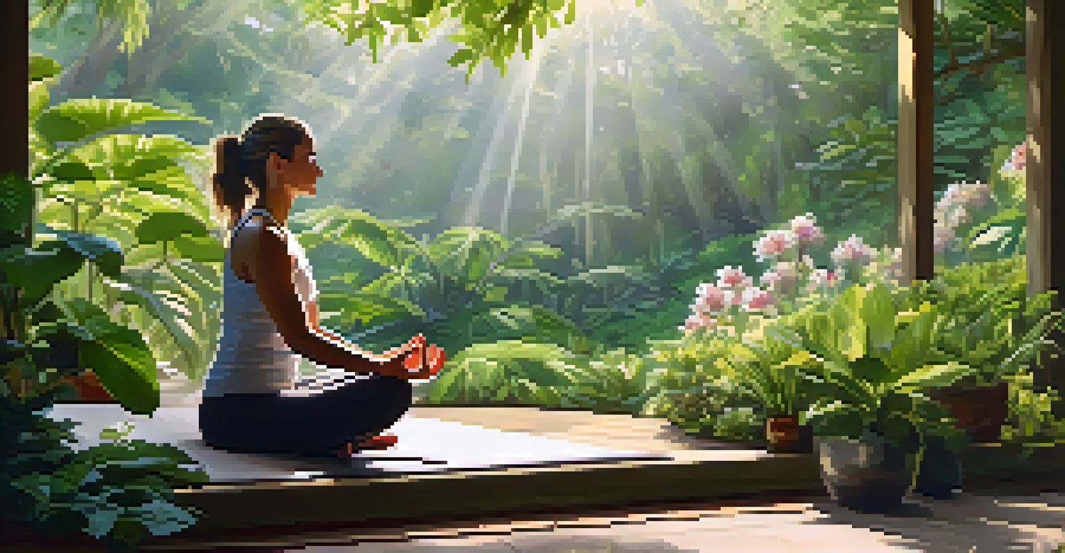 A person practicing yoga in a tranquil outdoor setting surrounded by lush green plants and flowers, with sunlight filtering through the leaves.