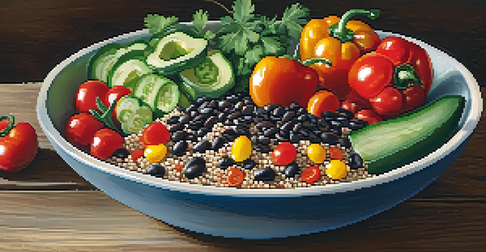 A colorful vegan meal in a bowl with black beans, quinoa, and fresh vegetables on a wooden table under natural light.