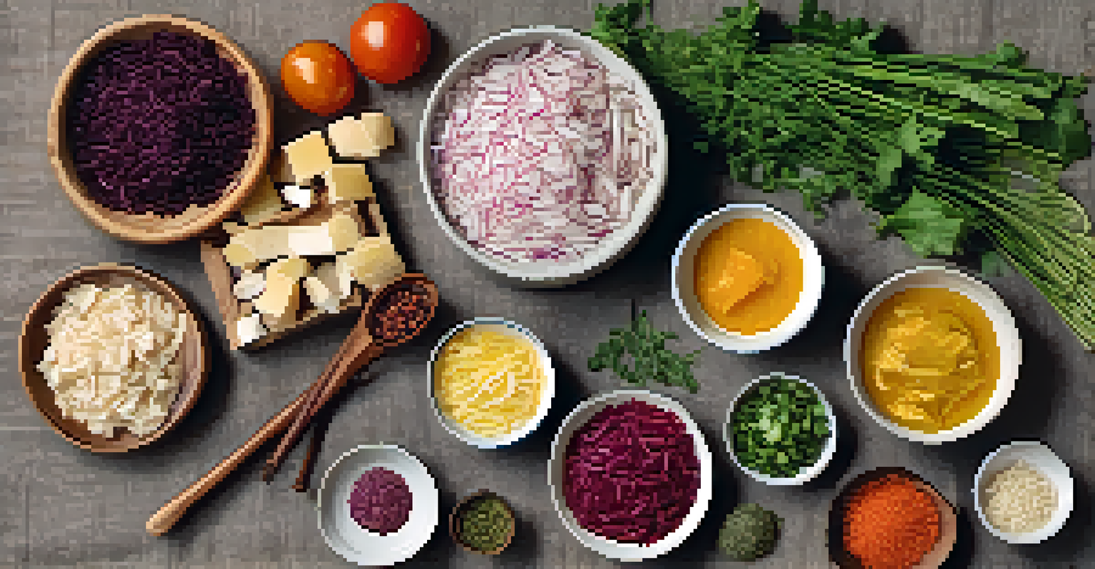 An artistic flat lay of tempeh, miso paste, sauerkraut, herbs, and spices on a linen cloth, showcasing vibrant colors.