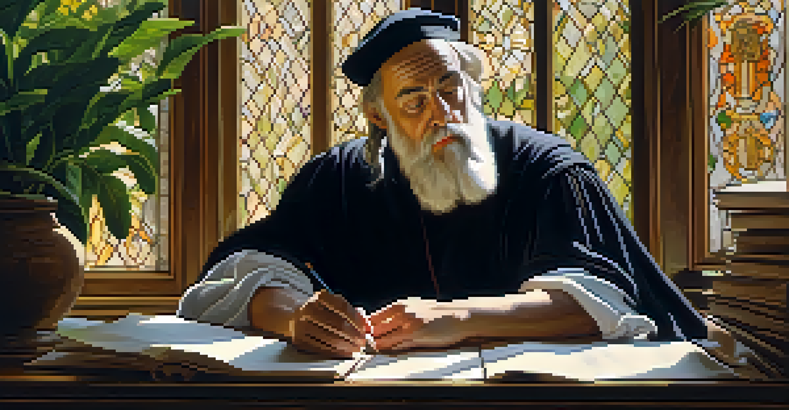 A Renaissance philosopher surrounded by texts and plants, contemplating dietary choices in a sunlit room.