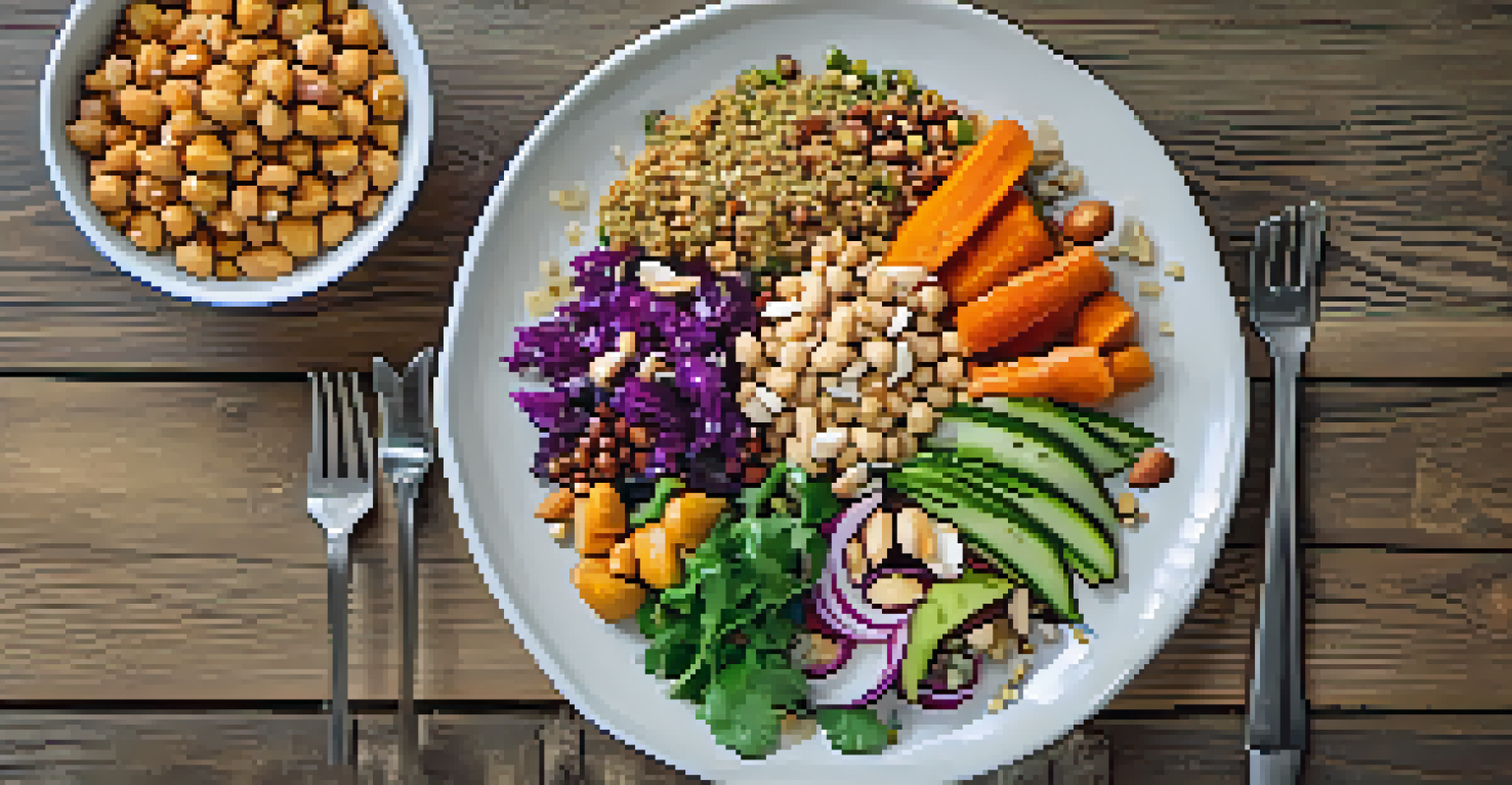 A vibrant lunch plate with a salad topped with walnuts and almonds, and a quinoa bowl with roasted vegetables, set on a rustic wooden table.