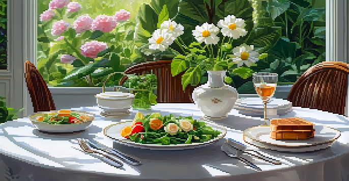 A peaceful dining setup in a garden with a vegan meal and fresh flowers on the table.