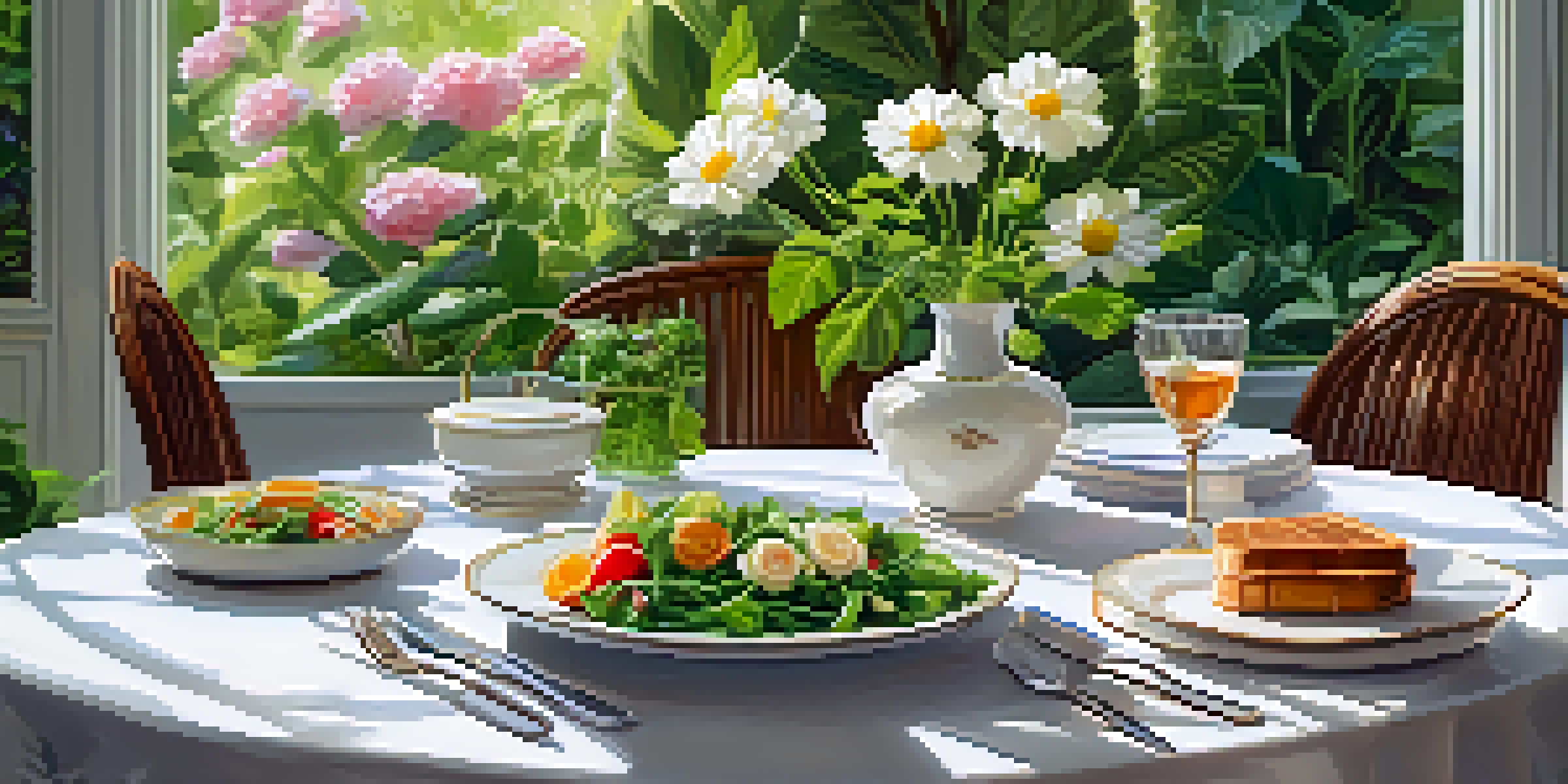 A peaceful dining setup in a garden with a vegan meal and fresh flowers on the table.