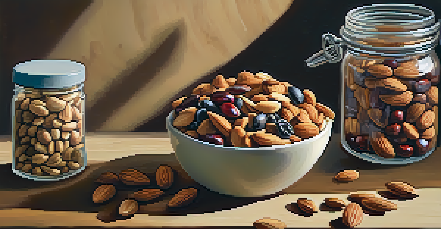 A bowl of homemade trail mix with nuts and dried fruit on a wooden table.