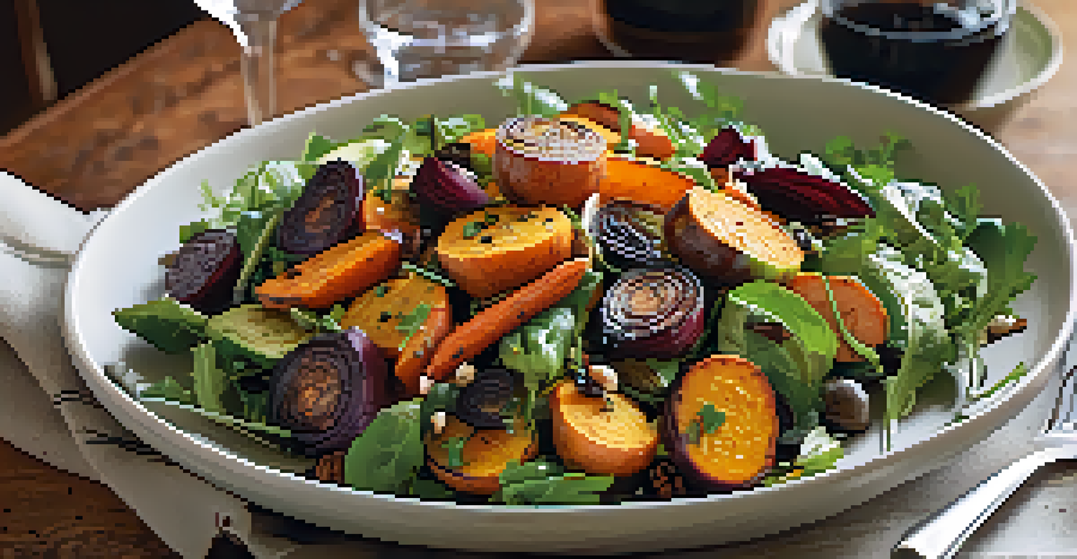 A roasted vegetable salad with carrots, Brussels sprouts, and sweet potatoes on mixed greens, drizzled with balsamic glaze.