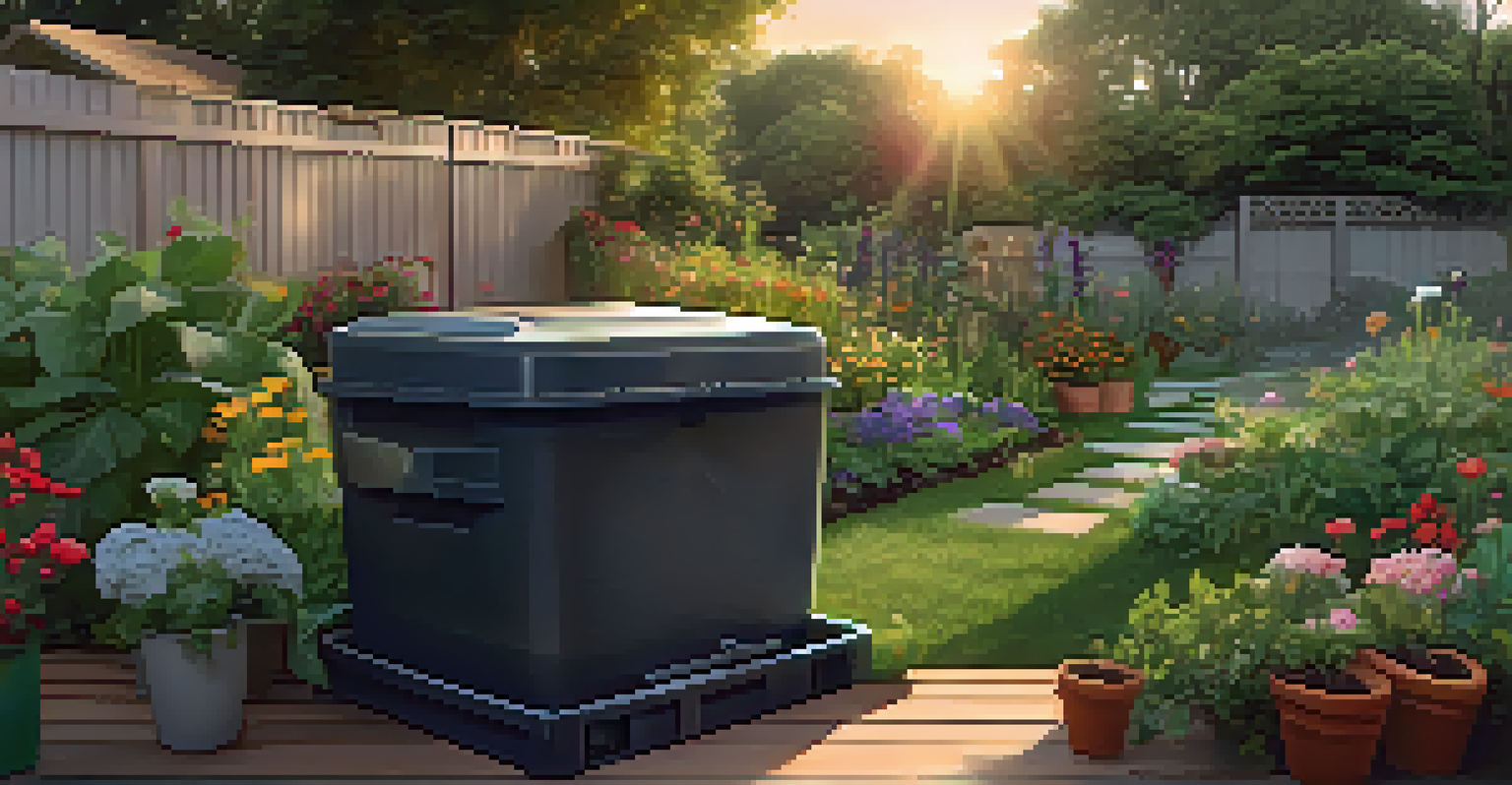 A peaceful garden with a compost bin and a person turning compost, surrounded by plants and flowers at sunset.