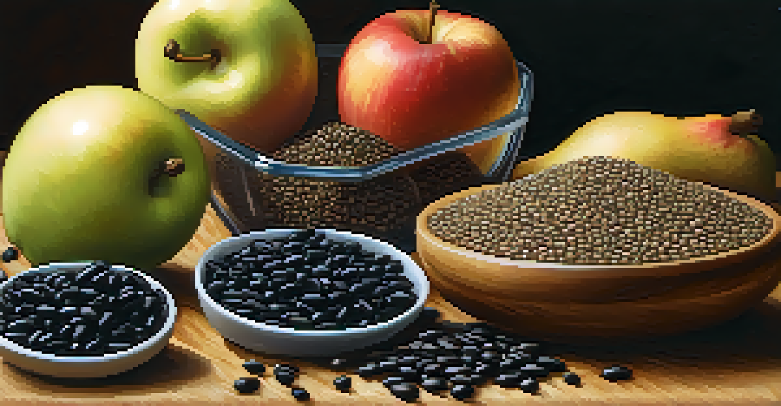 A wooden cutting board with black beans, lentils, chia seeds, and fresh fruits, surrounded by warm lighting.