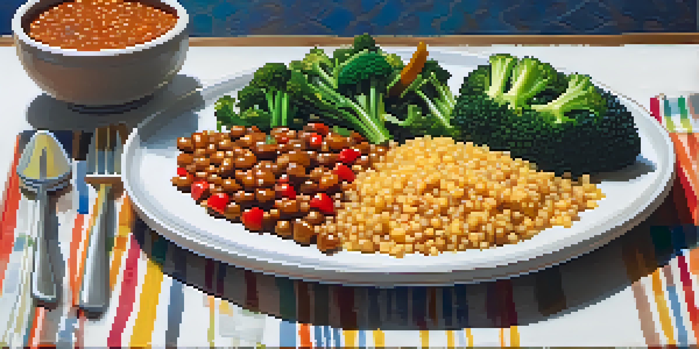 A colorful plate showcasing a hearty lentil stew with herbs, steamed broccoli, and quinoa in a bright setting.