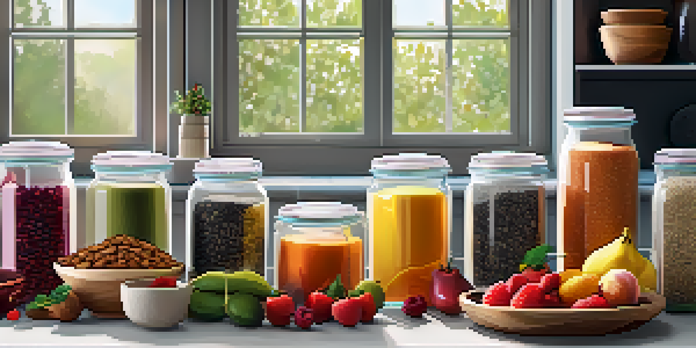 A bright kitchen countertop showcasing ingredients for vegan meal prep including rolled oats, colorful fruits, and nuts in glass containers, illuminated by natural sunlight.