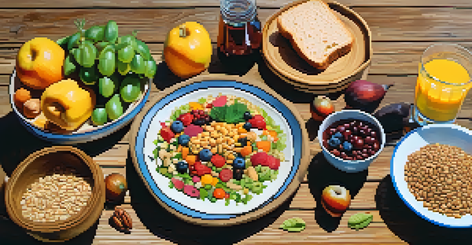 A colorful vegan meal spread on a wooden table with fruits, vegetables, grains, legumes, nuts, and seeds under warm sunlight.