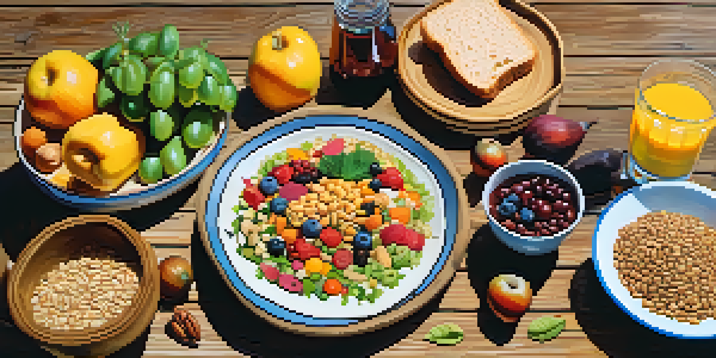 A colorful vegan meal spread on a wooden table with fruits, vegetables, grains, legumes, nuts, and seeds under warm sunlight.
