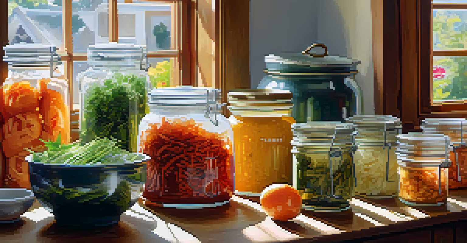 A kitchen countertop with jars of fermented foods, fresh herbs, and spices, illuminated by sunlight.