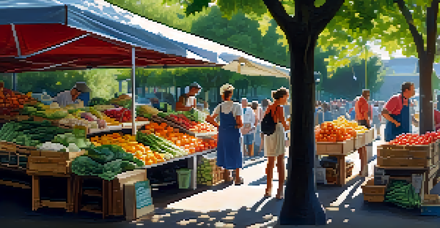 A bustling farmers' market stall filled with fresh fruits and vegetables, illuminated by sunlight with shoppers selecting produce.