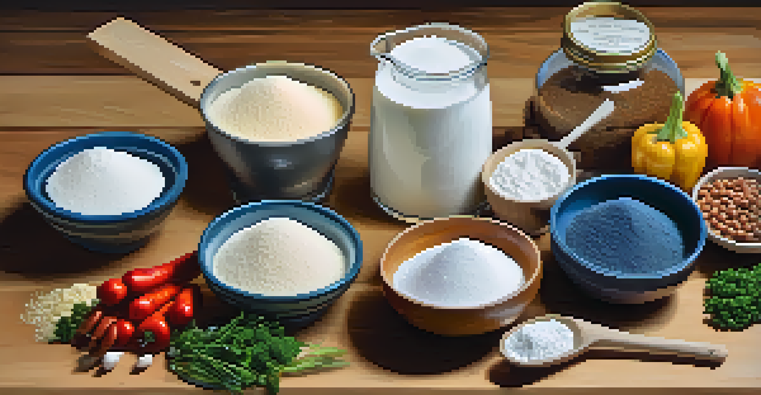 An assortment of cornstarch, arrowroot powder, and tapioca starch displayed on a kitchen countertop with fresh vegetables.