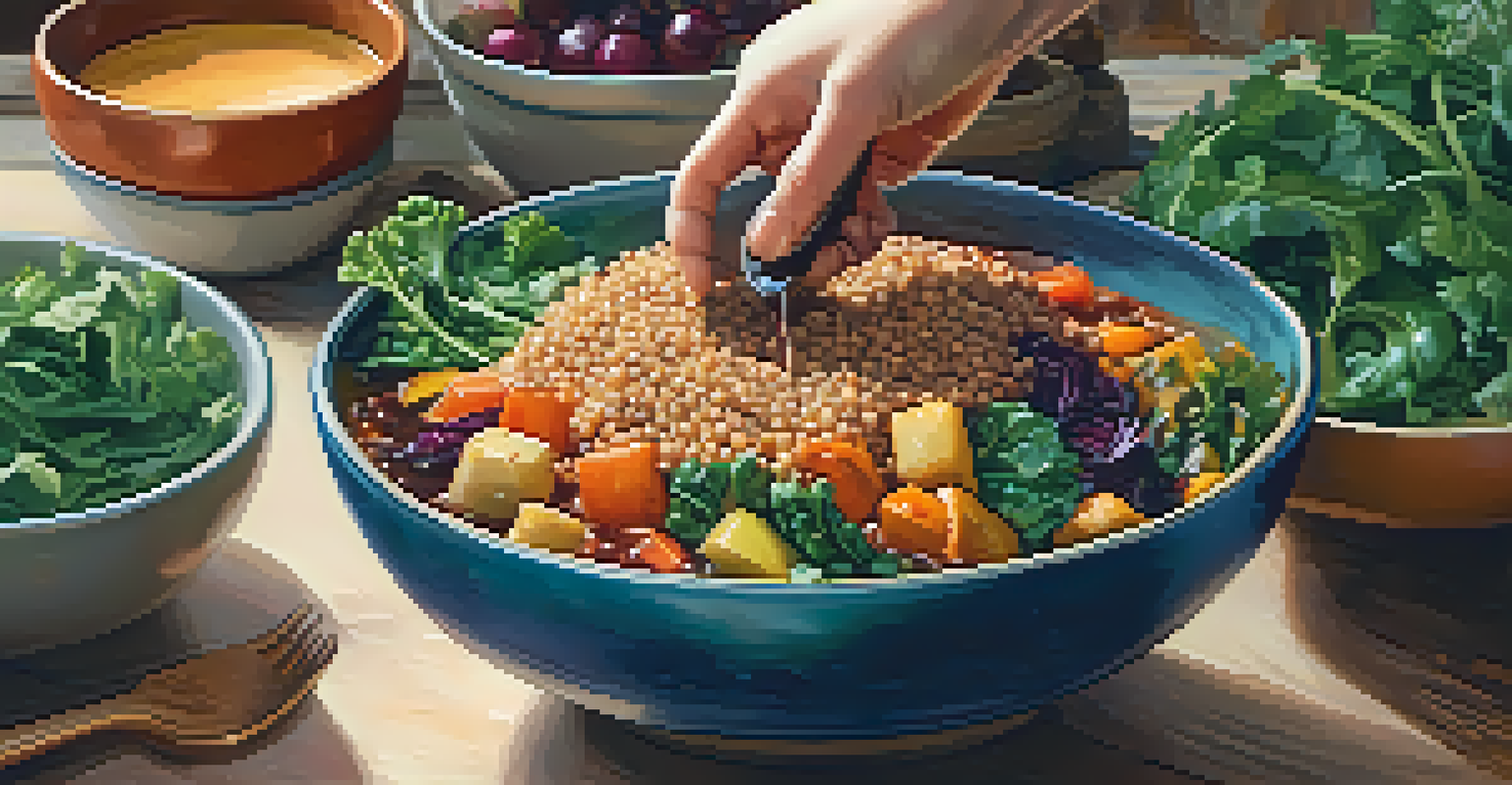 A close-up of a hand pouring creamy sauce over a grain bowl filled with quinoa and roasted vegetables, illuminated by warm lighting.