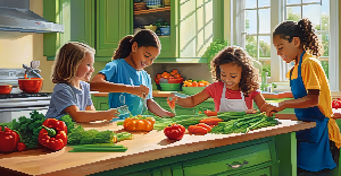 Children happily preparing vegan meals together in a colorful kitchen filled with fresh vegetables and warm lighting.