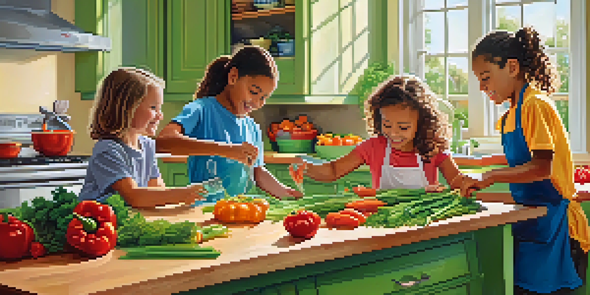 Children happily preparing vegan meals together in a colorful kitchen filled with fresh vegetables and warm lighting.