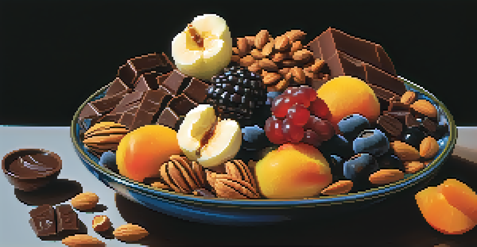 A close-up view of a bowl with dark chocolate, nuts, and dried fruits on a dark background.