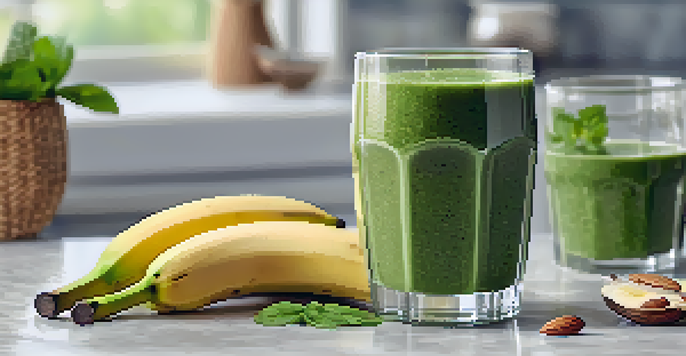 A refreshing green smoothie in a glass, made with spinach and banana, decorated with a banana slice and chia seeds, on a kitchen counter with fruits and greens.