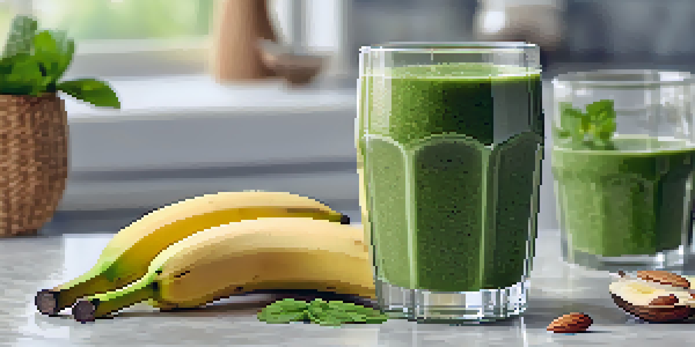A refreshing green smoothie in a glass, made with spinach and banana, decorated with a banana slice and chia seeds, on a kitchen counter with fruits and greens.