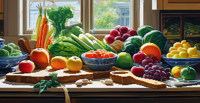 A bright kitchen filled with fresh plant-based foods like fruits, vegetables, and legumes on a wooden cutting board under natural sunlight.