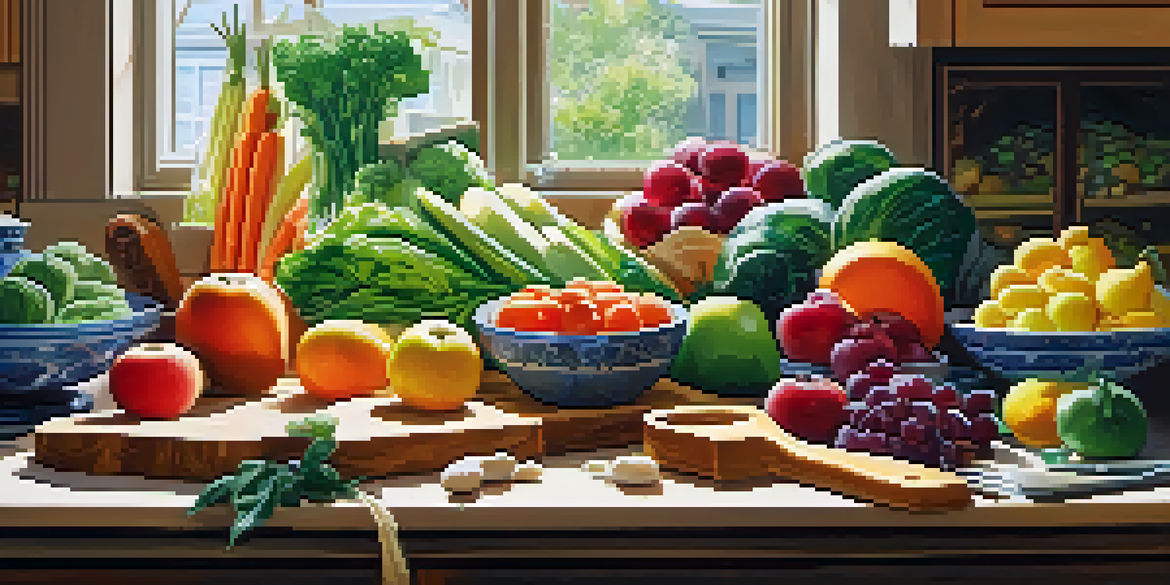 A bright kitchen filled with fresh plant-based foods like fruits, vegetables, and legumes on a wooden cutting board under natural sunlight.
