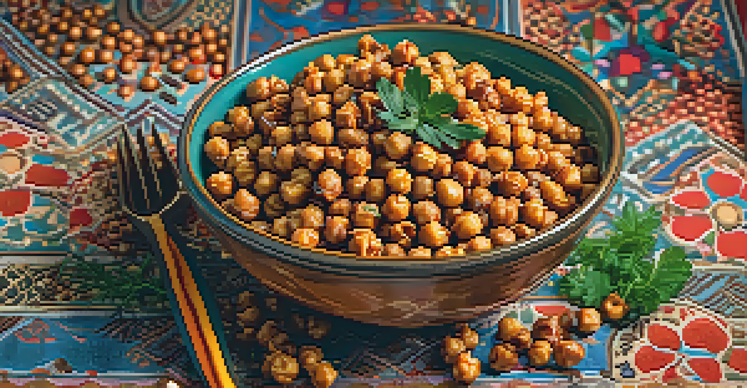 A bowl of golden roasted chickpeas seasoned with spices, surrounded by fresh herbs, on a colorful patterned tablecloth.