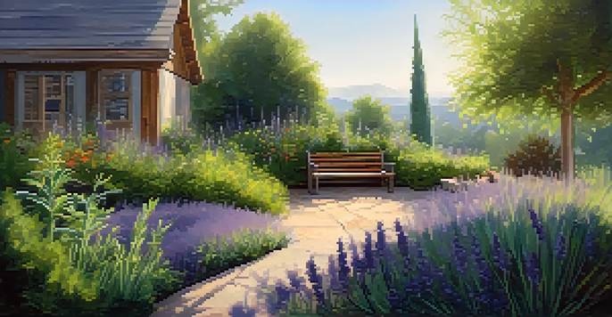 A peaceful herbal garden with various herbs and a wooden bench in sunlight.