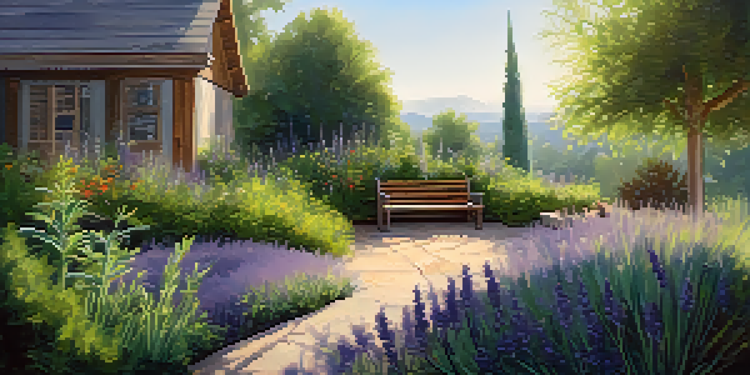 A peaceful herbal garden with various herbs and a wooden bench in sunlight.
